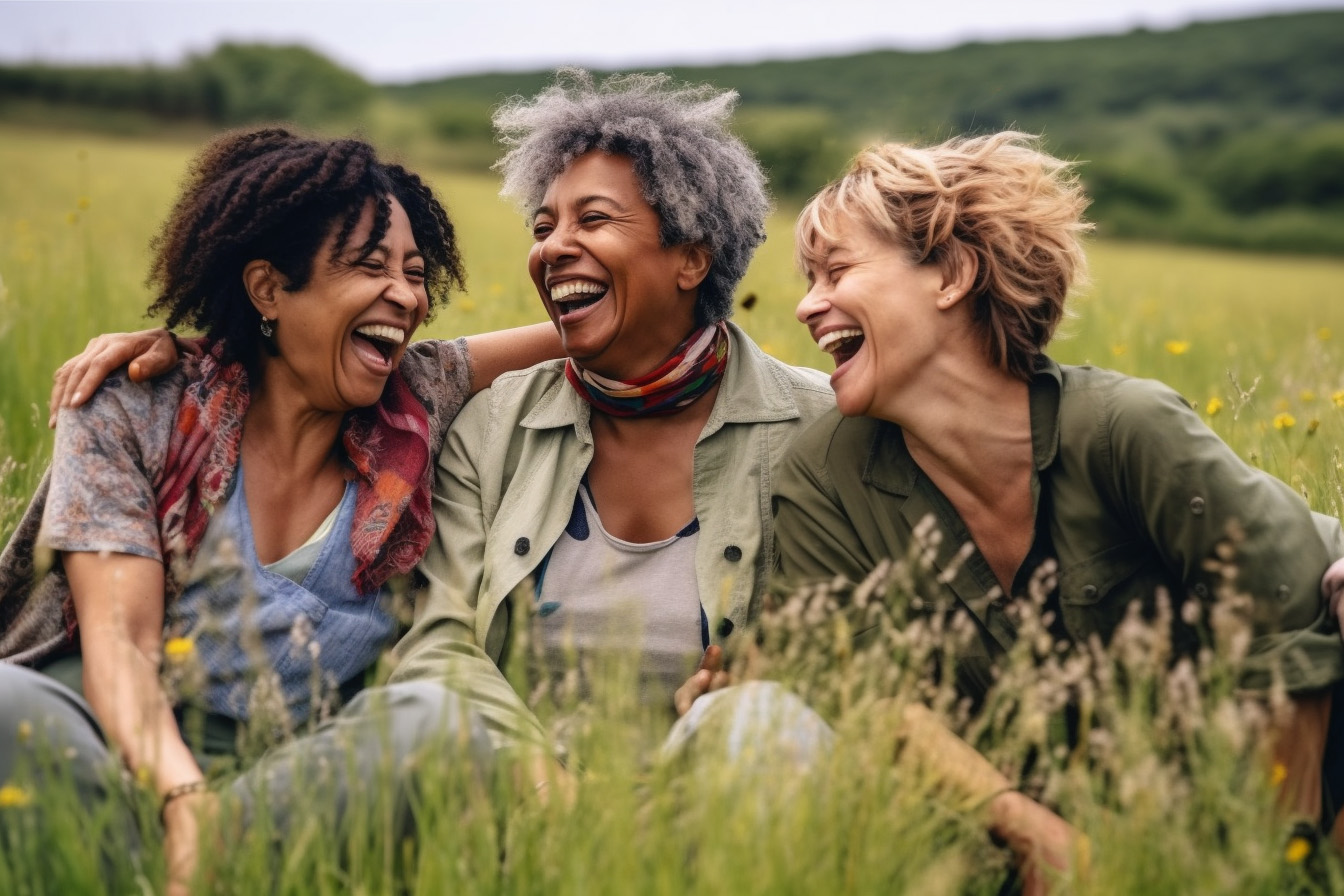 Navigating Perimenopause, 3 women sitting in field laughing together